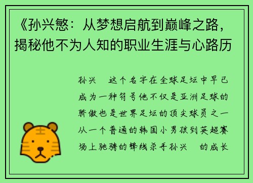 《孙兴慜：从梦想启航到巅峰之路，揭秘他不为人知的职业生涯与心路历程》