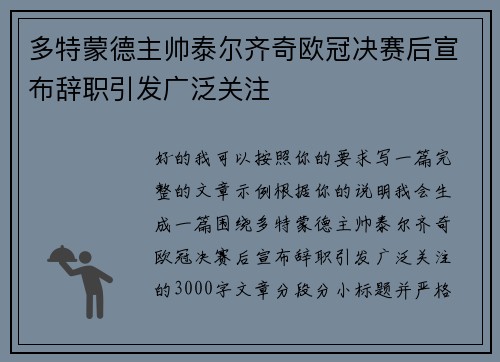 多特蒙德主帅泰尔齐奇欧冠决赛后宣布辞职引发广泛关注 多特蒙德主帅泰尔齐奇欧冠决赛后宣布辞职引发广泛关注